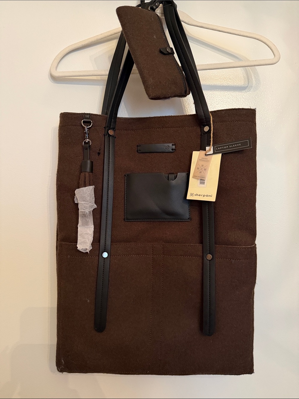 Sherpani Brown Wool Tote Bag with Black Leather Trim and Strap